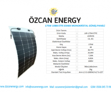 175W 10BB ETFE ESNEK MONOKRİSTAL GÜNEŞ PANELİ