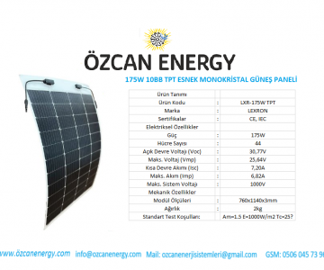 175W 10BB TPT ESNEK MONOKRİSTAL GÜNEŞ PANELİ