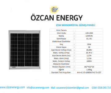 25W MONOKRİSTAL GÜNEŞ PANELİ