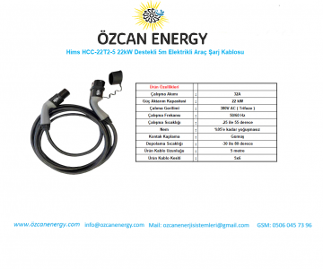 Hims HCC-22T2-5 22kW Destekli 5m Elektrikli Araç Şarj Kablosu