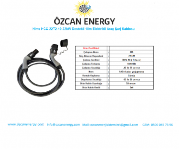 Hims HCC-22T2-10 22kW Destekli 10m Elektrikli Araç Şarj Kablosu