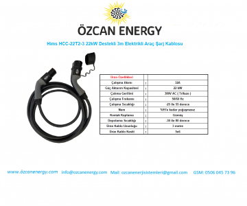 Hims HCC-22T2-3 22kW Destekli 3m Elektrikli Araç Şarj Kablosu